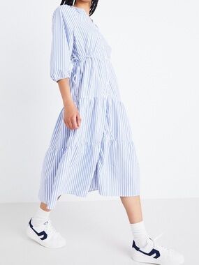 LEVI’S CECILE MIDI DRESS TIERED BLUE/WHITE STRIPE WOMANS SIZE MEDIUM NWT